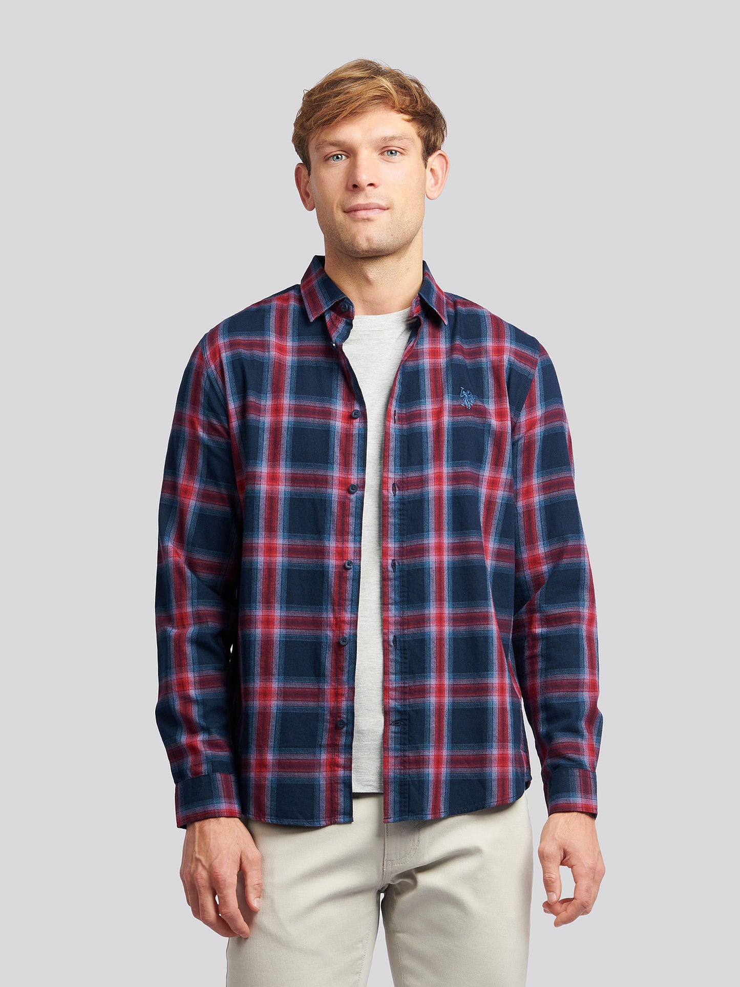 Mens Peached Check Poplin Shirt in Navy Blue