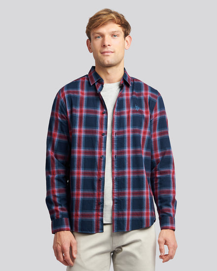 Mens Peached Check Poplin Shirt in Navy Blue