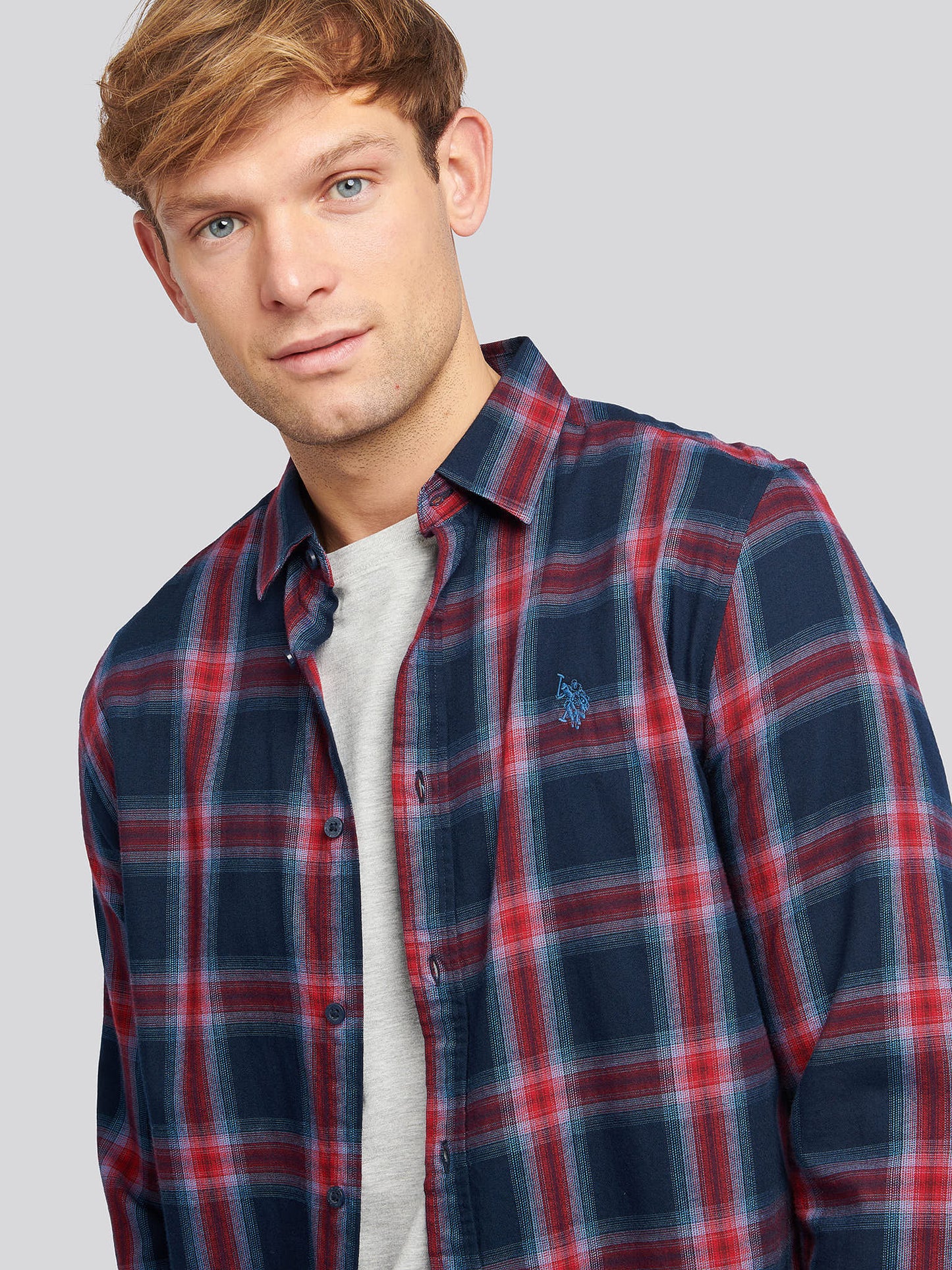 Mens Peached Check Poplin Shirt in Navy Blue