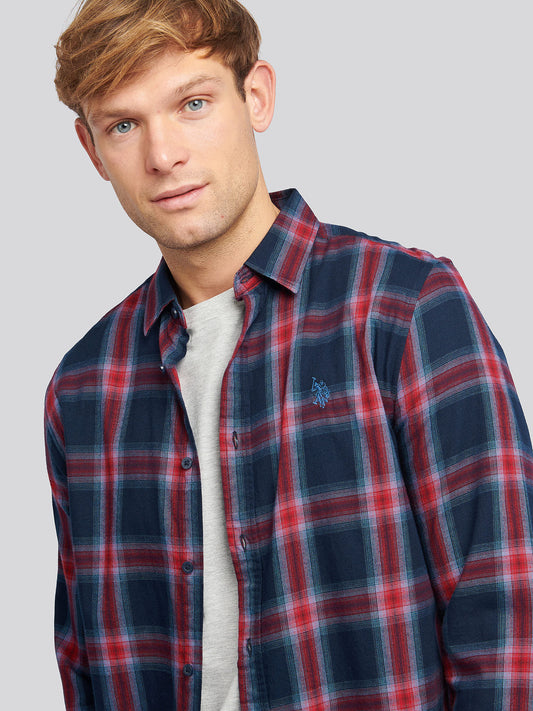 Mens Peached Check Poplin Shirt in Navy Blue