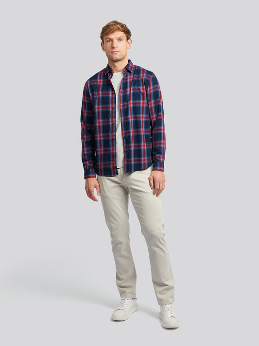 Mens Peached Check Poplin Shirt in Navy Blue