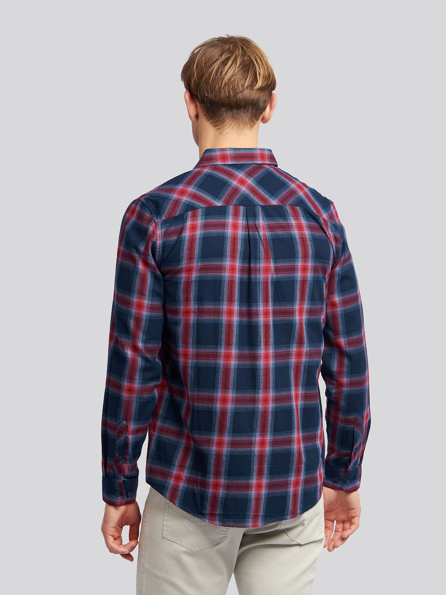 Mens Peached Check Poplin Shirt in Navy Blue