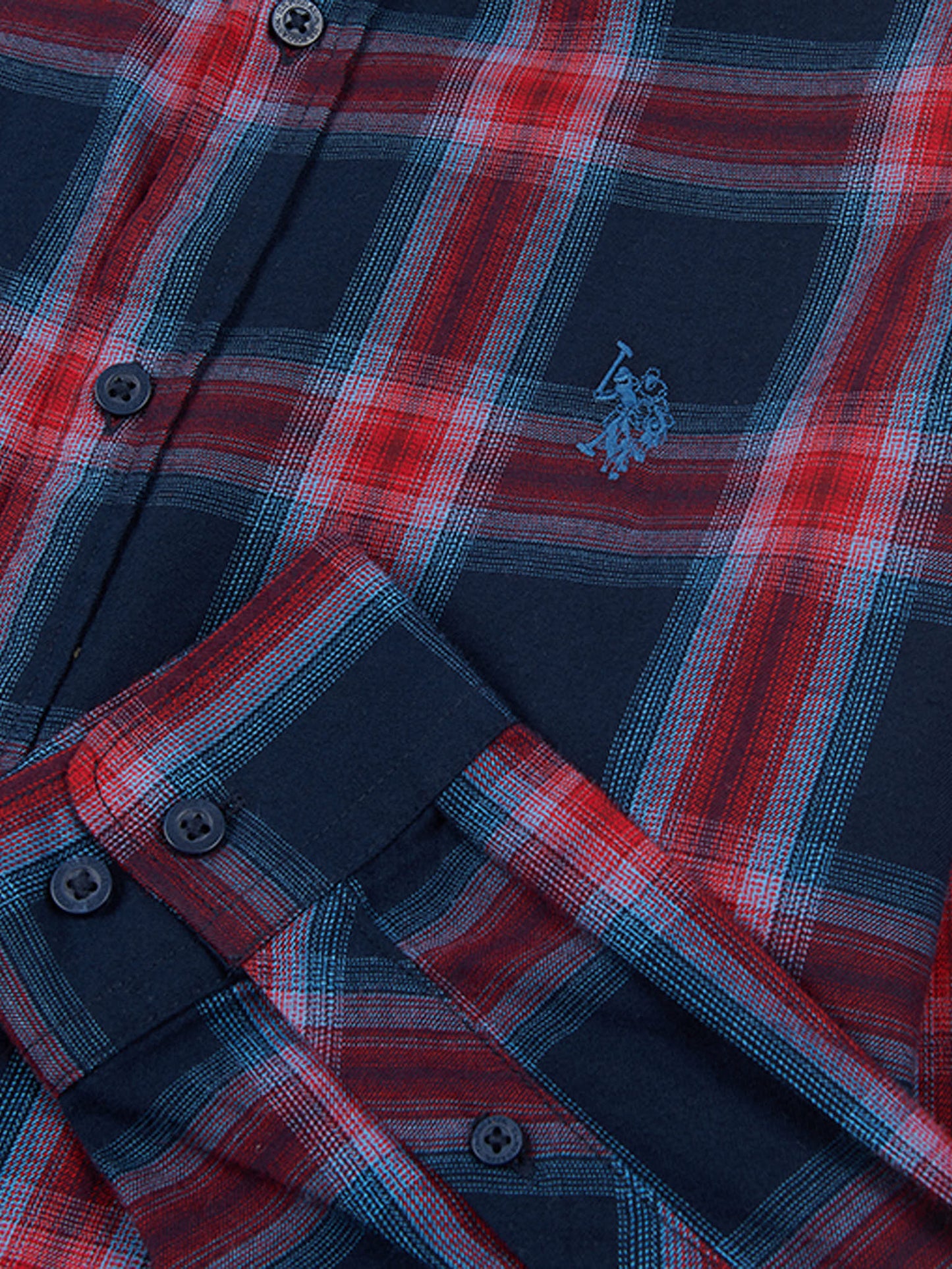 Mens Peached Check Poplin Shirt in Navy Blue