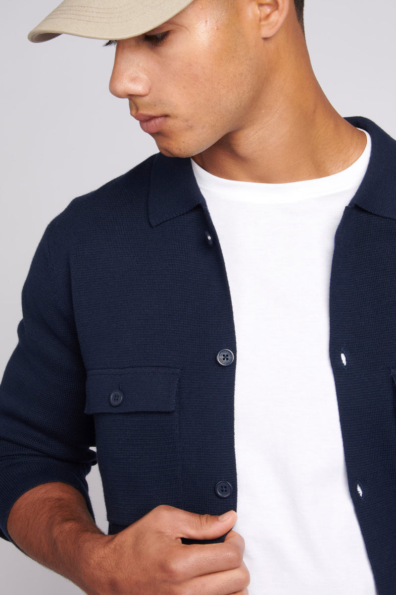 Mens Knitted Shacket in Navy Blue