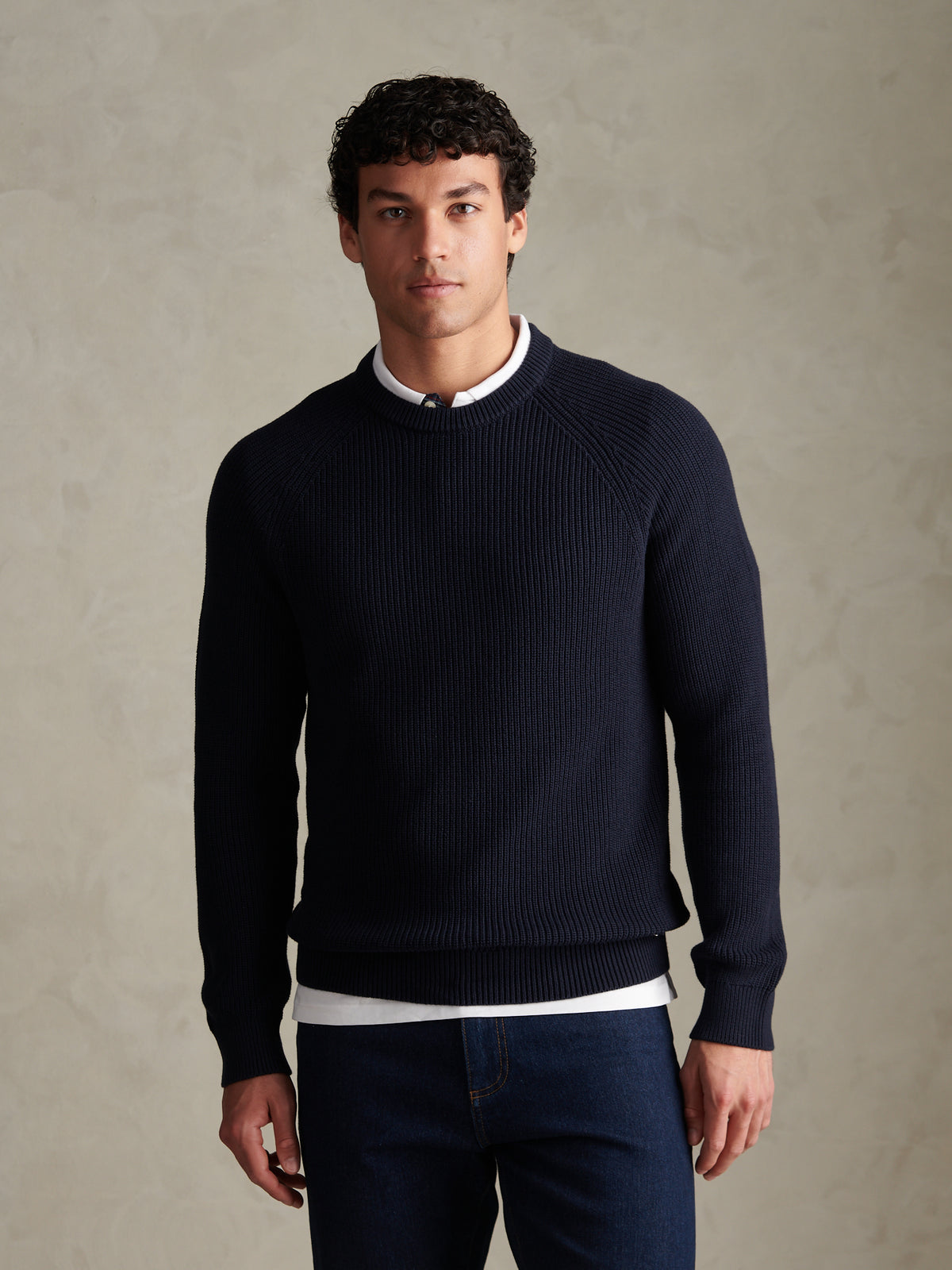 Mens Textured Raglan Crew Neck Jumper Dark Sapphire Navy