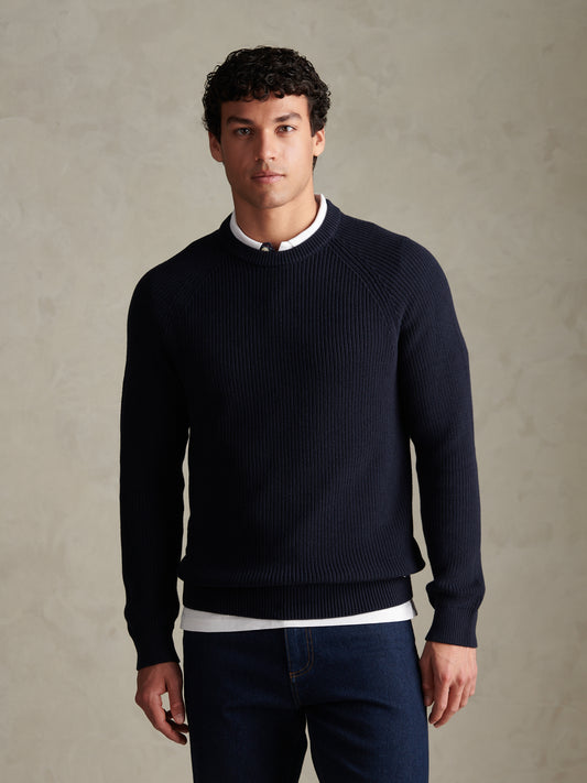 Mens Textured Raglan Crew Neck Jumper Dark Sapphire Navy