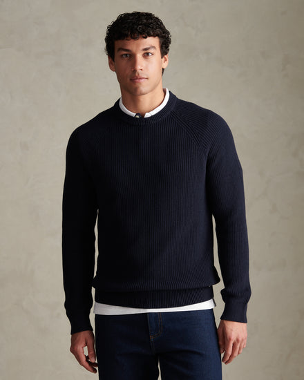 Mens Textured Raglan Crew Neck Jumper Dark Sapphire Navy
