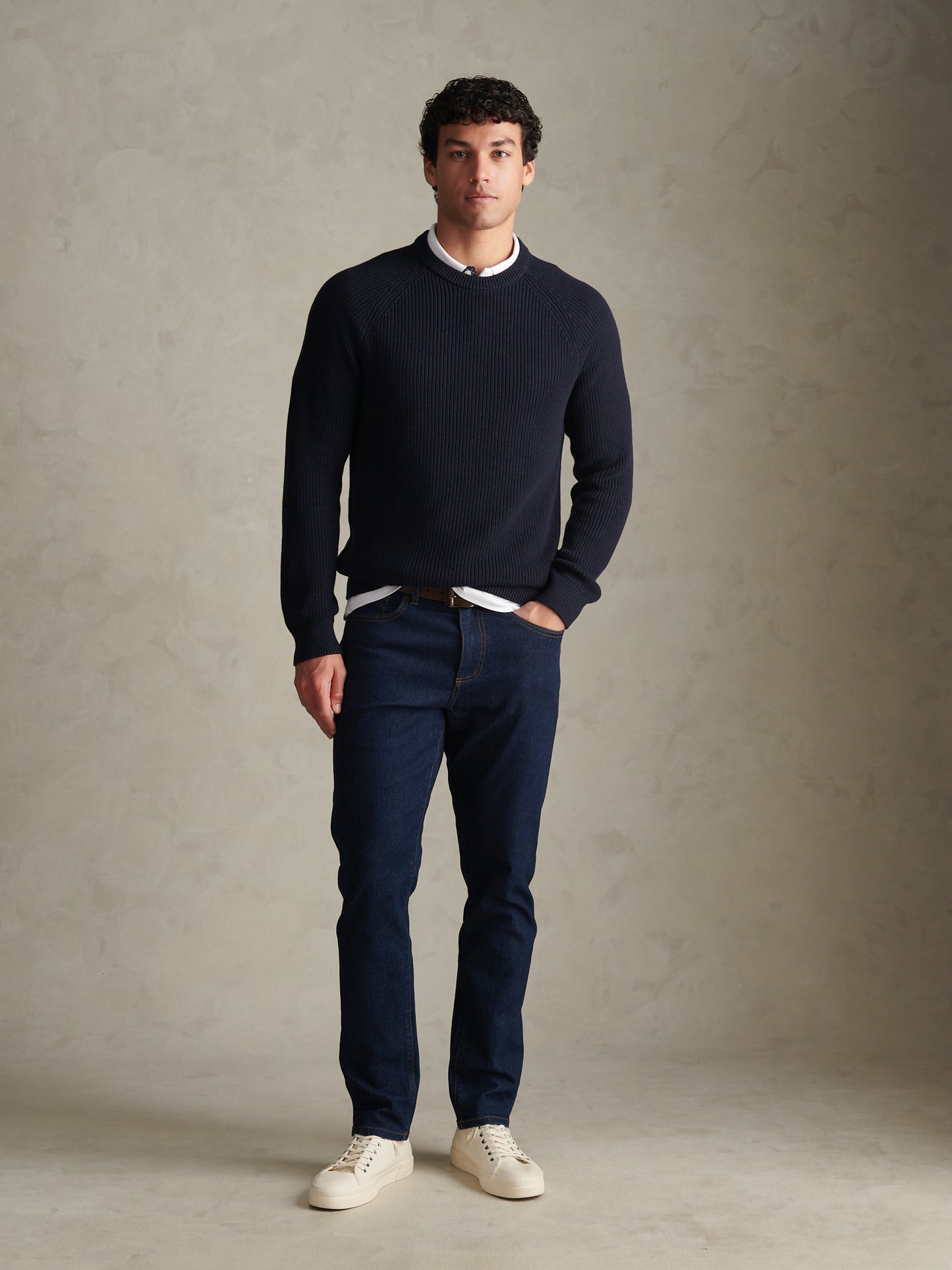 Mens Textured Raglan Crew Neck Jumper Dark Sapphire Navy