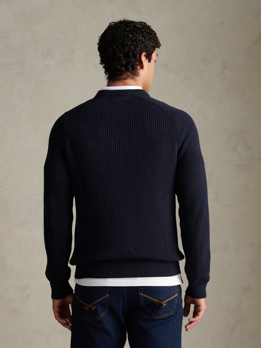 Mens Textured Raglan Crew Neck Jumper Dark Sapphire Navy