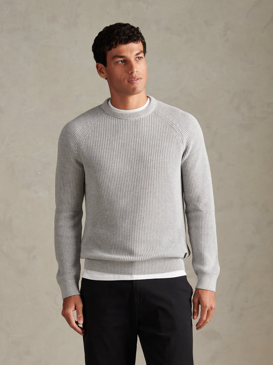Mens Textured Raglan Crew Neck Jumper Mid Grey Marl