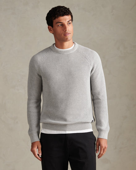 Mens Textured Raglan Crew Neck Jumper Mid Grey Marl