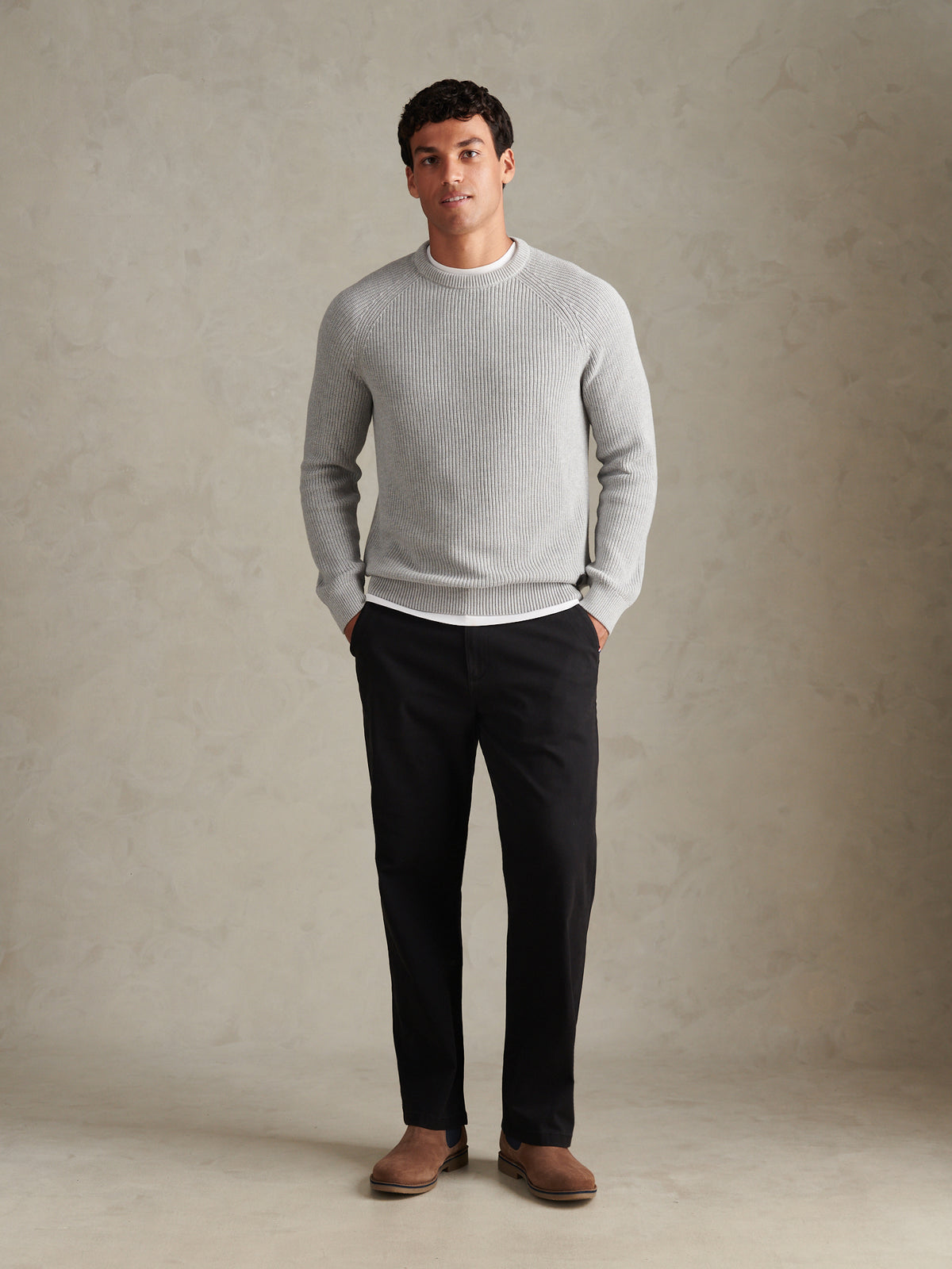 Mens Textured Raglan Crew Neck Jumper Mid Grey Marl