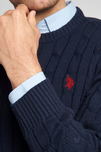 Mens Cable Knit Crew Neck Jumper in Navy Blazer / Haute Red