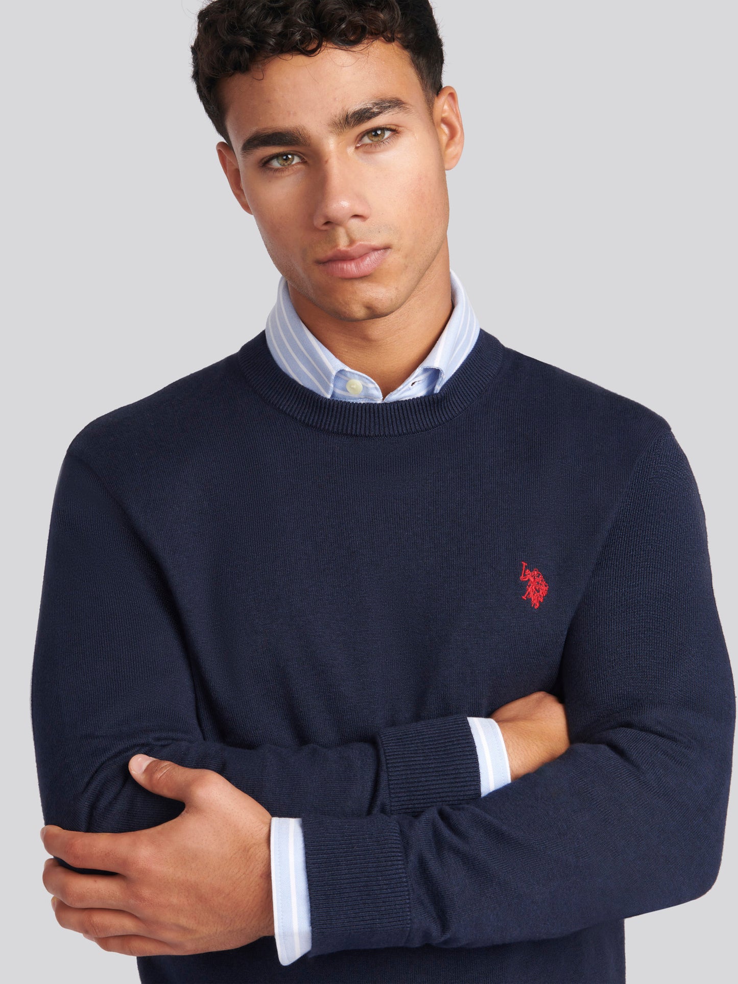 Mens Cotton Crewneck in Dark Sapphire Navy / Haute Red DHM