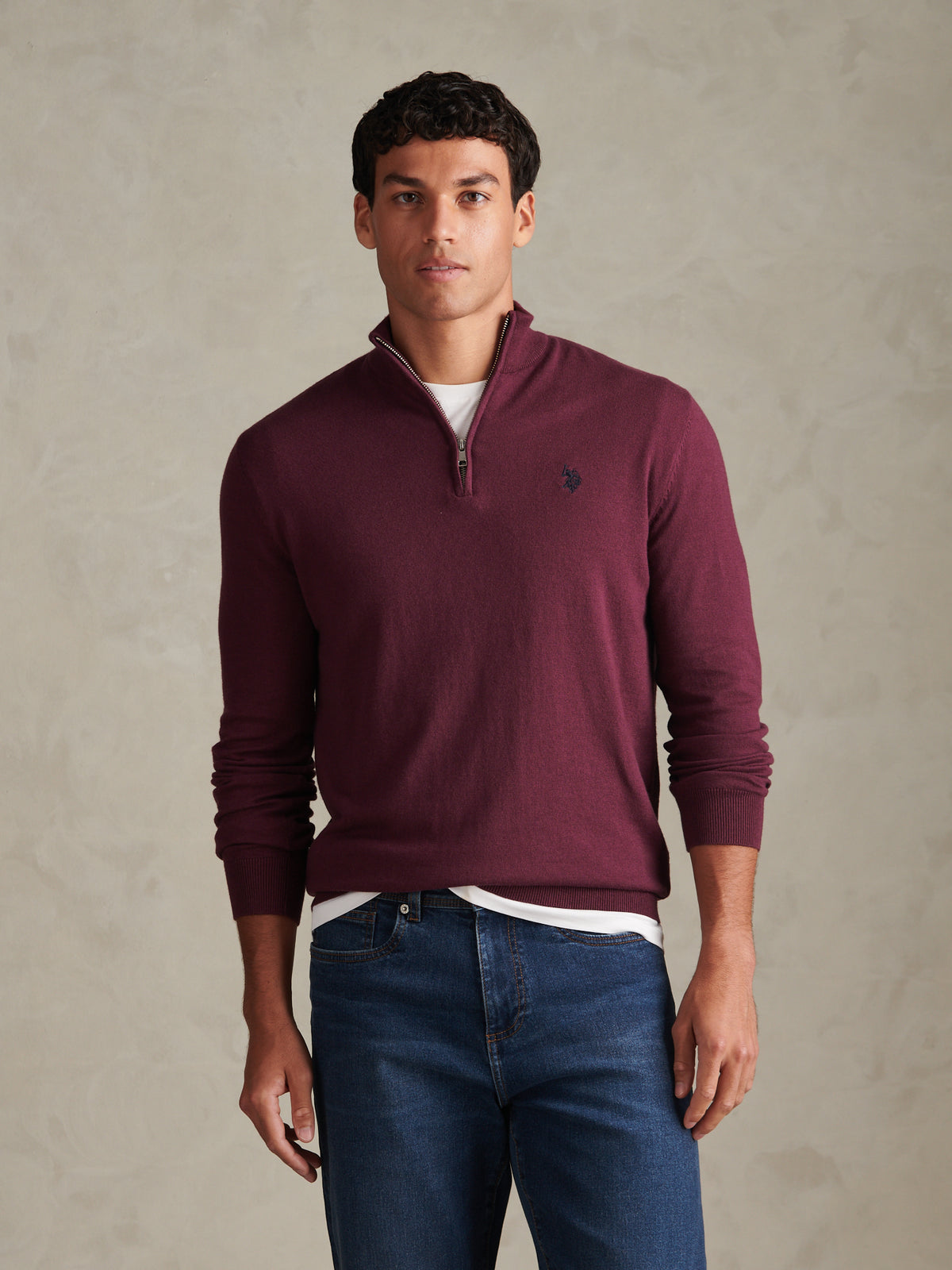 Mens Cotton Funnel Neck 1/4 Zip Knit Fig