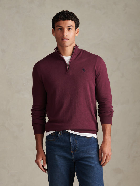 Mens Cotton Funnel Neck 1/4 Zip Knit Fig