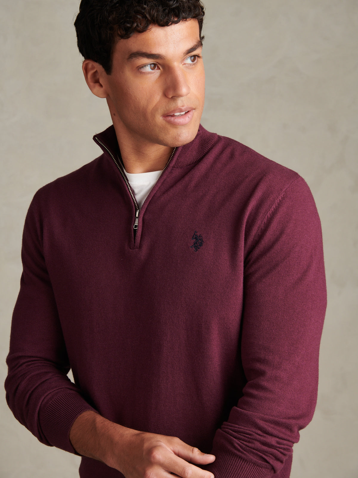 Mens Cotton Funnel Neck 1/4 Zip Knit Fig