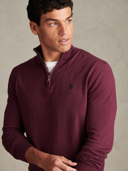 Mens Cotton Funnel Neck 1/4 Zip Knit Fig