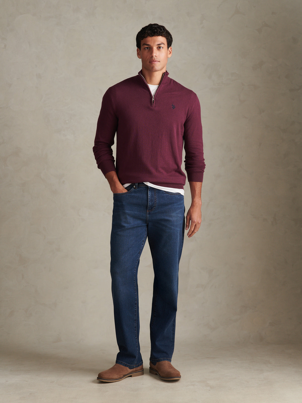 Mens Cotton Funnel Neck 1/4 Zip Knit Fig