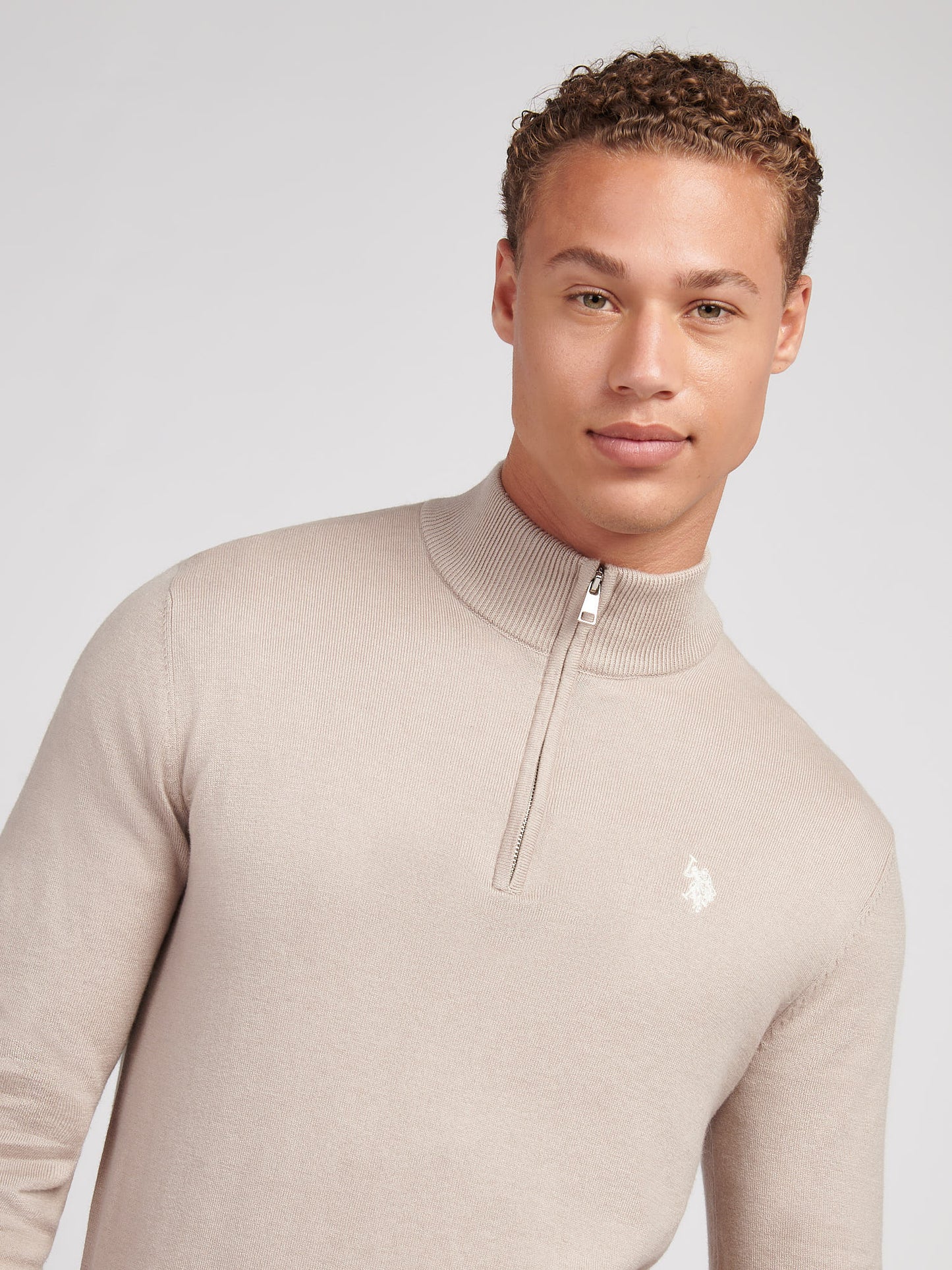 Mens Cotton Funnel Neck 1/4 Zip Knit in Atmosphere