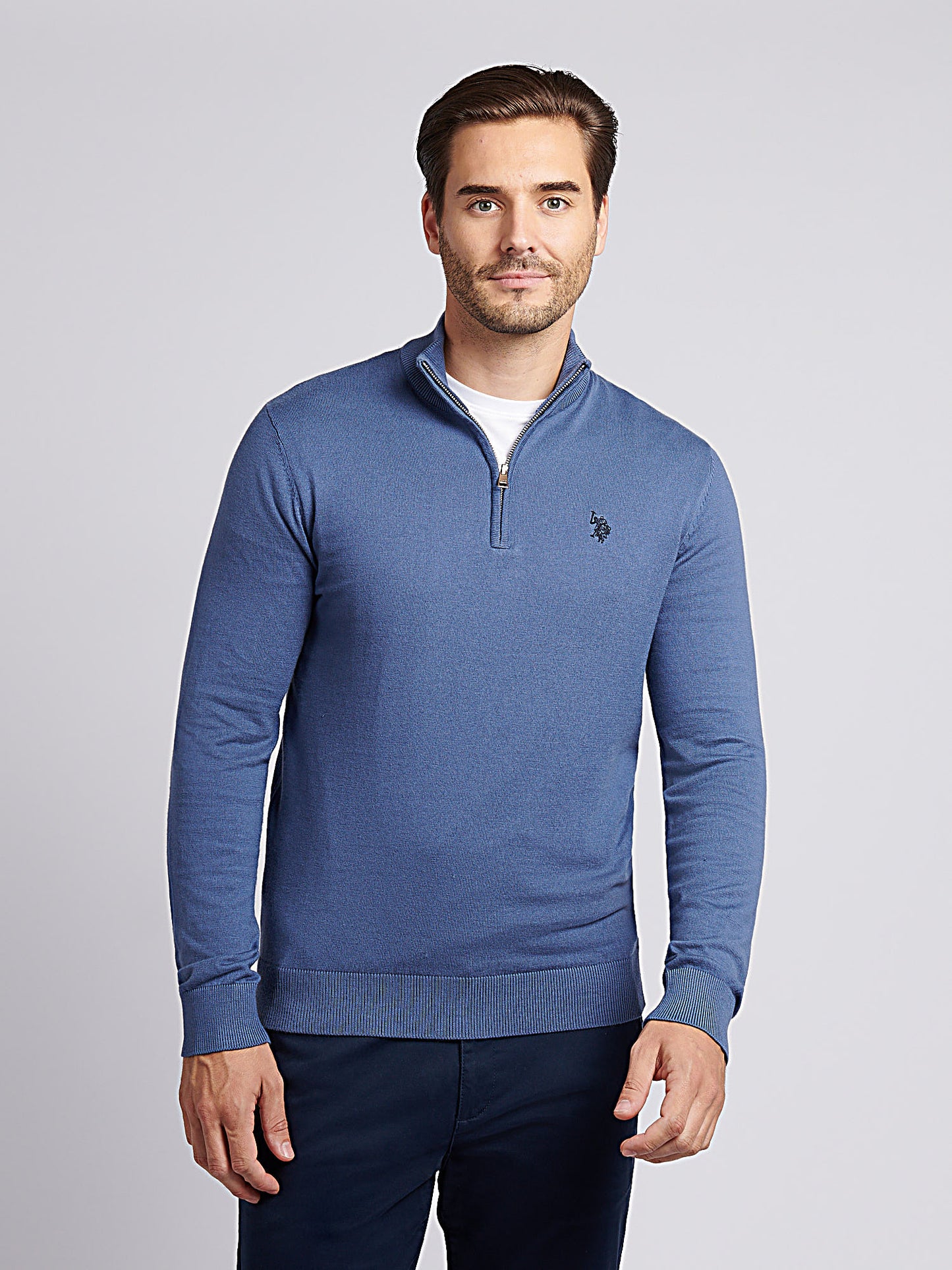 Mens Cotton Funnel Neck 1/4 Zip Knit in Vintage Indigo