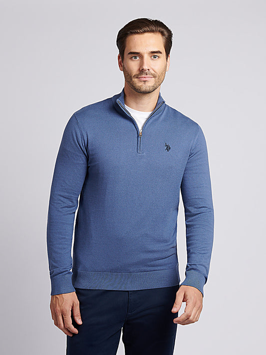 Mens Cotton Funnel Neck 1/4 Zip Knit in Vintage Indigo
