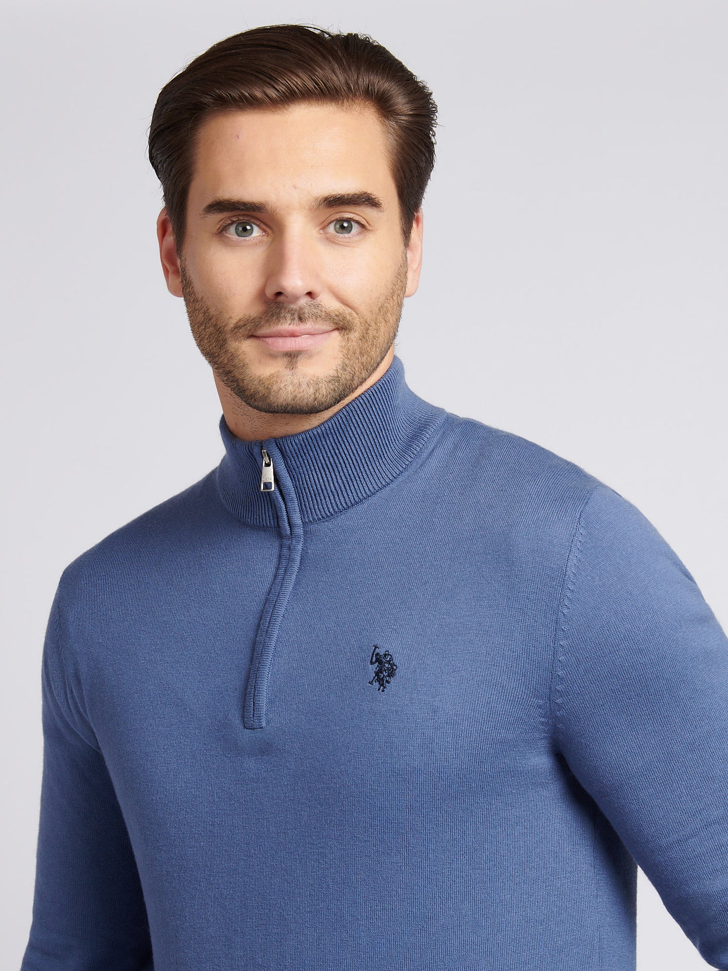 Mens Cotton Funnel Neck 1/4 Zip Knit in Vintage Indigo