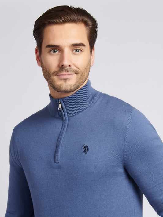 Mens Cotton Funnel Neck 1/4 Zip Knit in Vintage Indigo