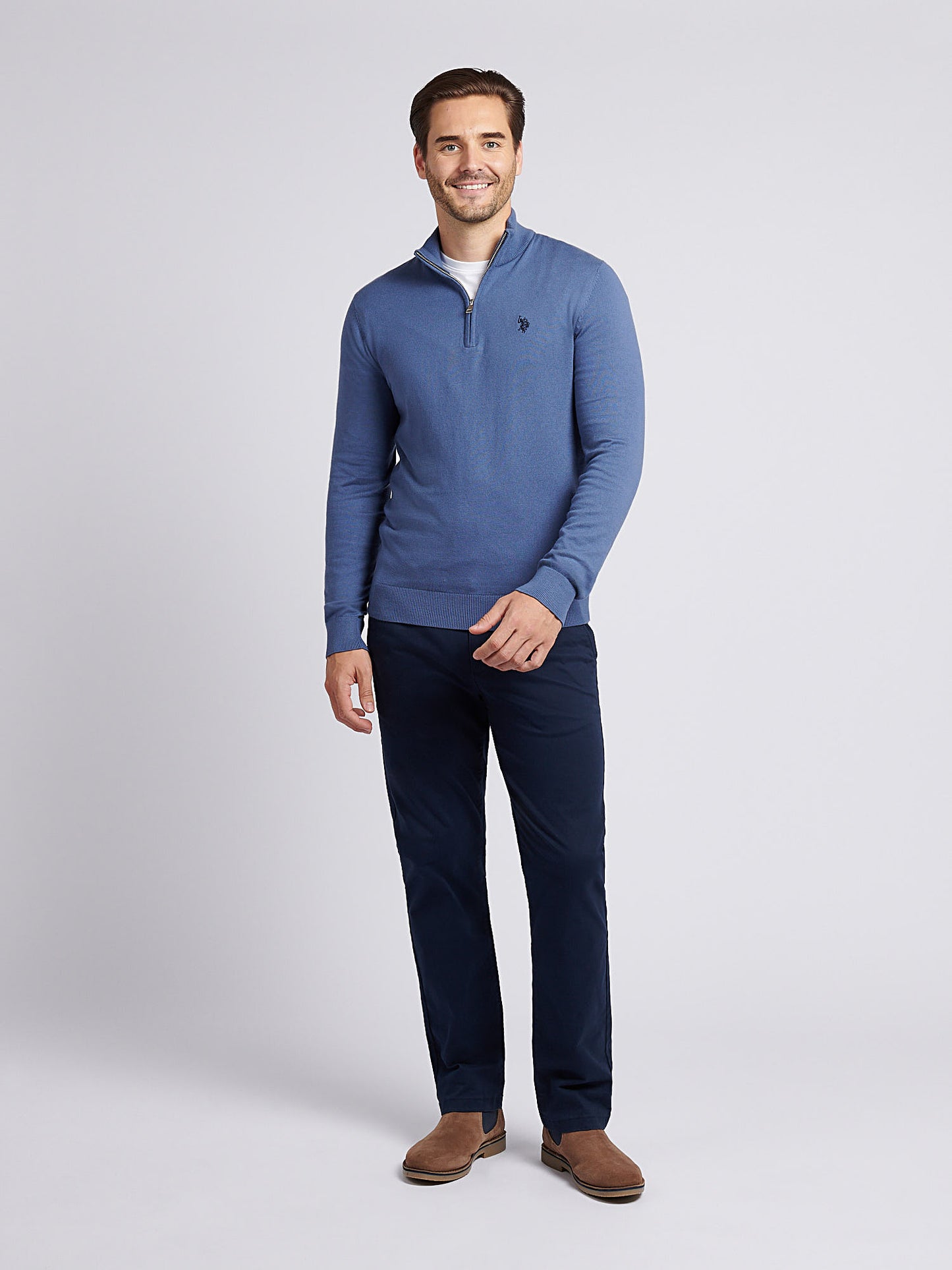 Mens Cotton Funnel Neck 1/4 Zip Knit in Vintage Indigo