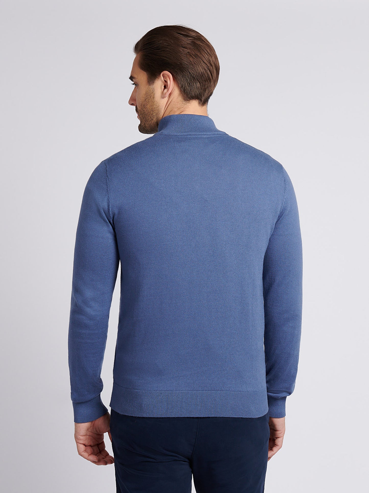 Mens Cotton Funnel Neck 1/4 Zip Knit in Vintage Indigo