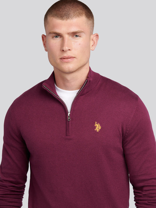 Mens Cotton Funnel Neck 1/4 Zip Knit in Grape Wine