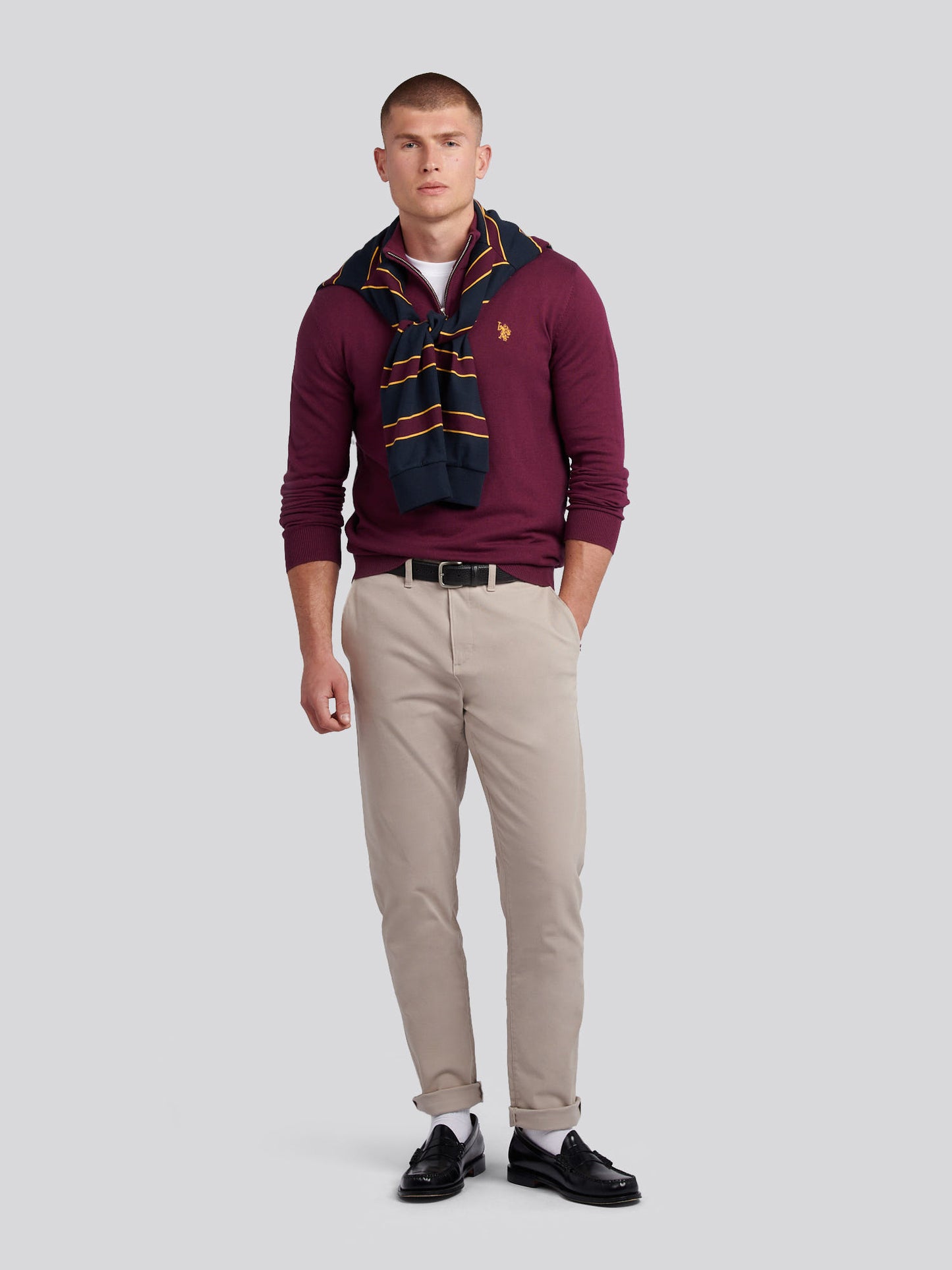 Mens Cotton Funnel Neck 1/4 Zip Knit in Grape Wine