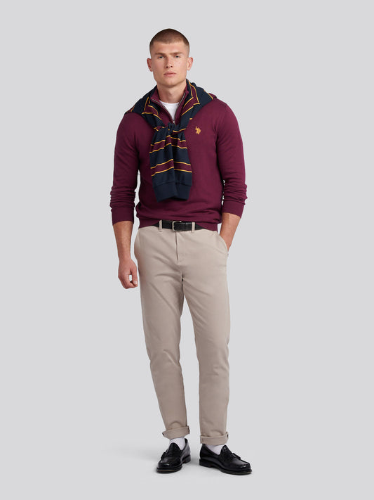 Mens Cotton Funnel Neck 1/4 Zip Knit in Grape Wine