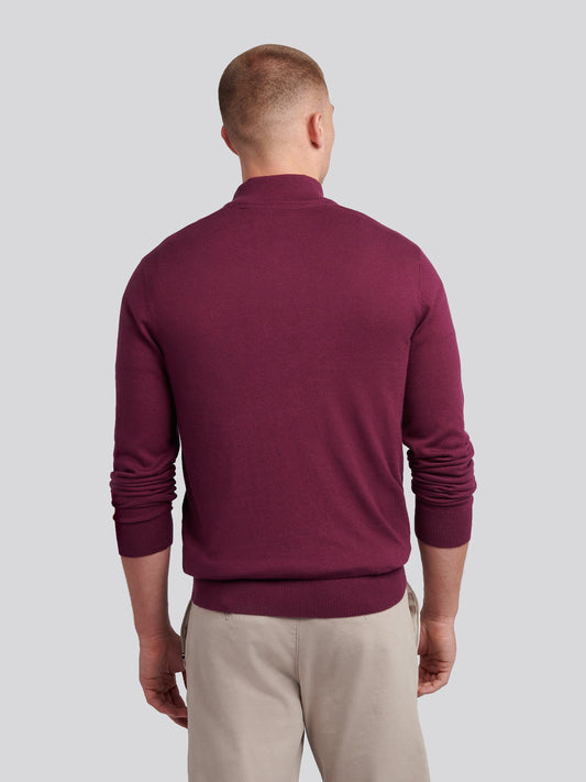 Mens Cotton Funnel Neck 1/4 Zip Knit in Grape Wine