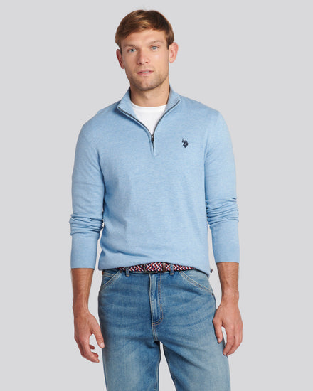 Mens Cotton Funnel Neck 1/4 Zip Knit in Parisian Blue Marl