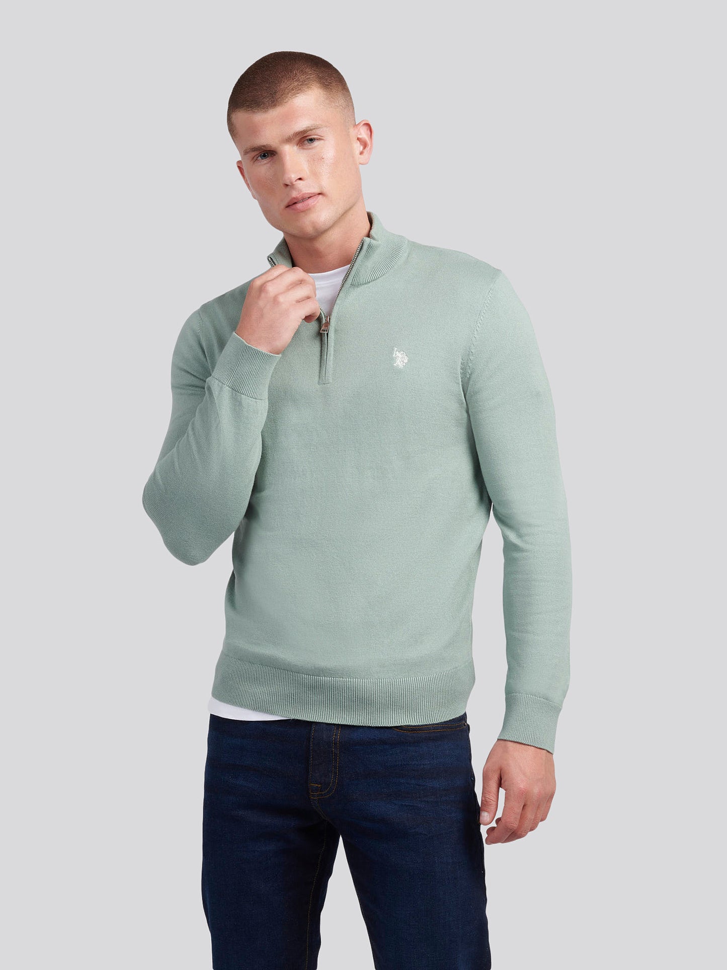 Mens Cotton Funnel Neck 1/4 Zip Knit in Chinois Green