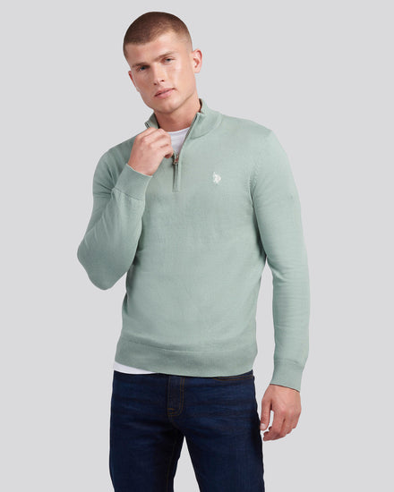 Mens Cotton Funnel Neck 1/4 Zip Knit in Chinois Green