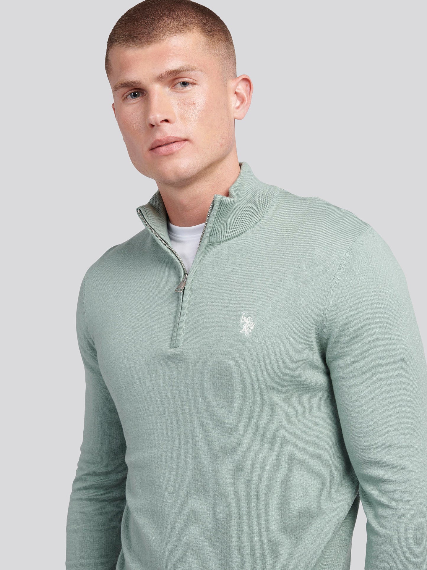 Mens Cotton Funnel Neck 1/4 Zip Knit in Chinois Green