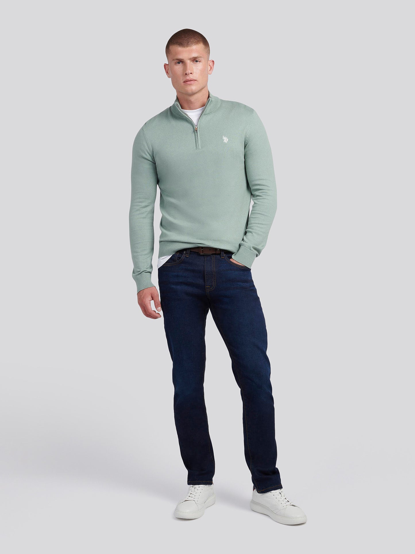Mens Cotton Funnel Neck 1/4 Zip Knit in Chinois Green