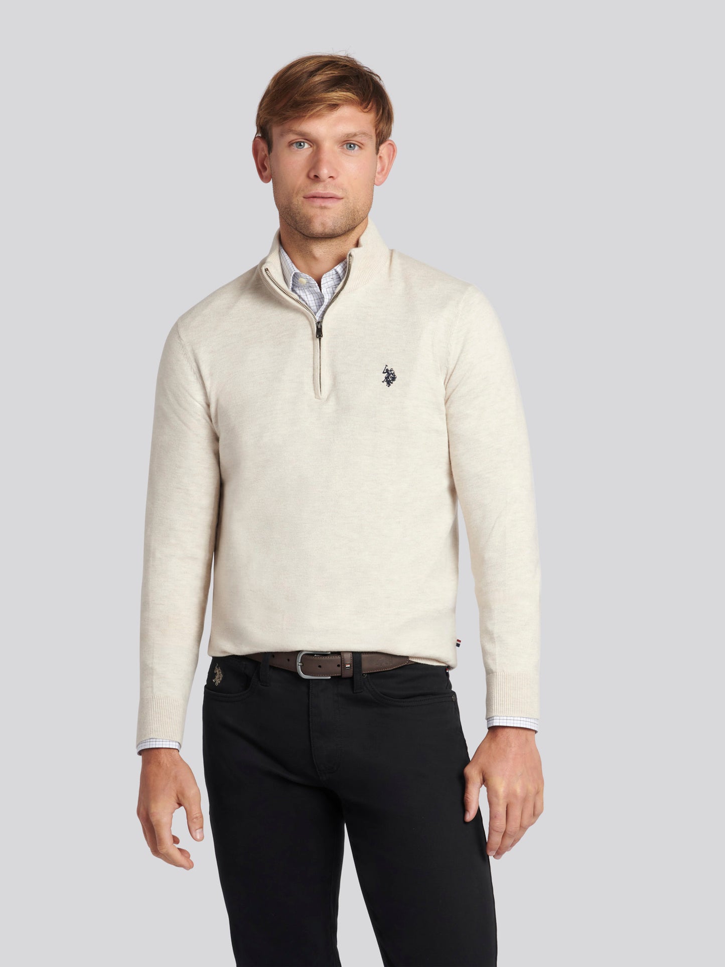 Mens Cotton Funnel Neck 1/4 Zip Knit in Birch Marl
