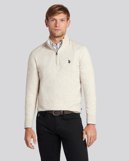 Mens Cotton Funnel Neck 1/4 Zip Knit in Birch Marl
