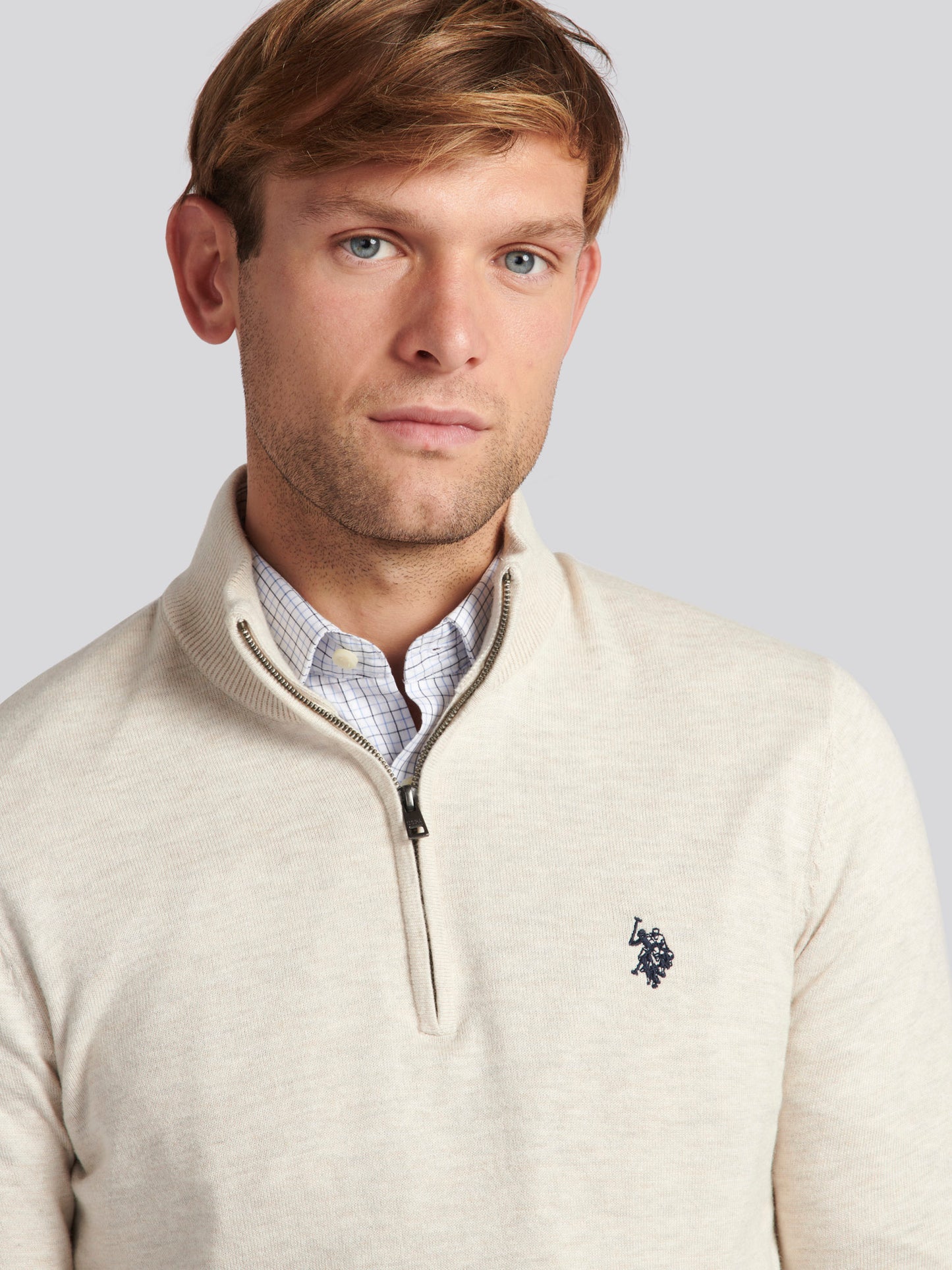 Mens Cotton Funnel Neck 1/4 Zip Knit in Birch Marl