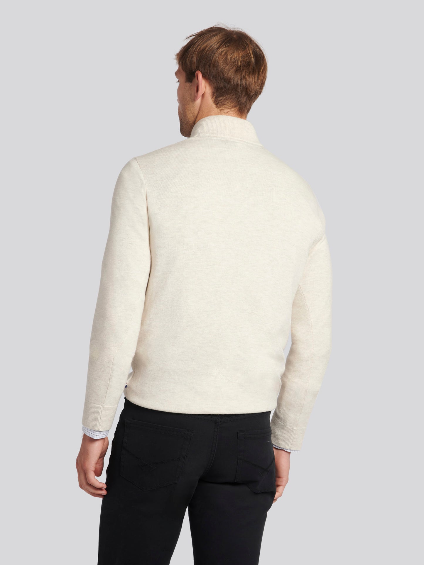 Mens Cotton Funnel Neck 1/4 Zip Knit in Birch Marl