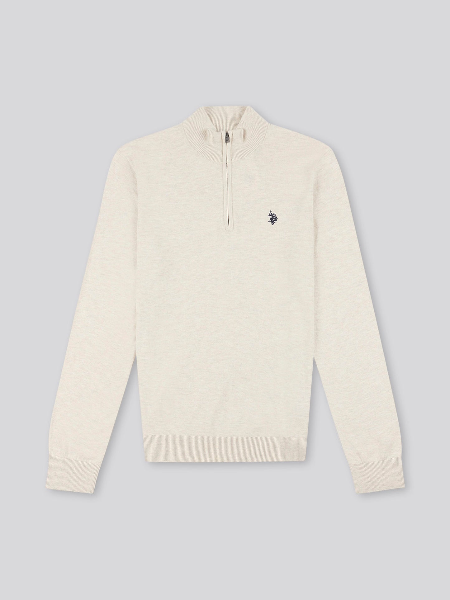 Mens Cotton Funnel Neck 1/4 Zip Knit in Birch Marl