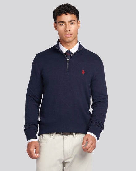 Mens Cotton Funnel Neck 1/4 Zip Knit in Dark Sapphire Navy / Haute Red DHM