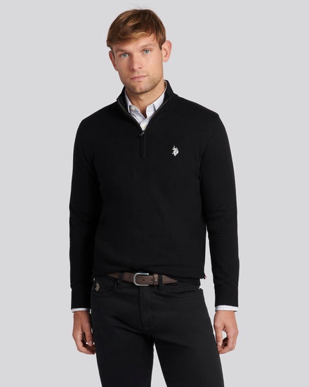 Mens Cotton Funnel Neck 1/4 Zip Knit in Black Bright White DHM