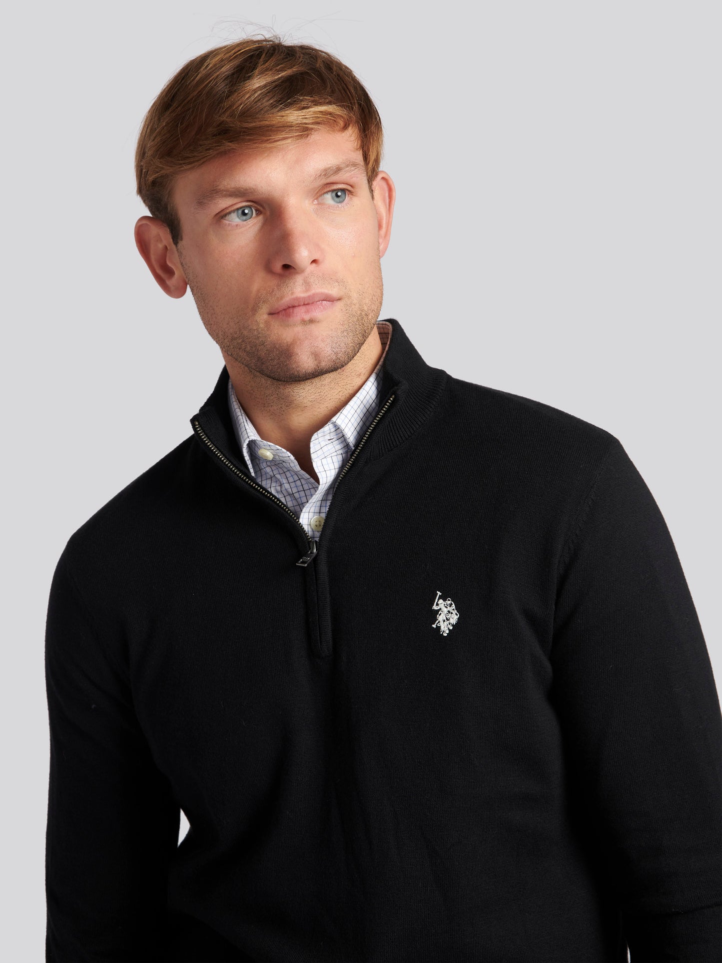 Mens Cotton Funnel Neck 1/4 Zip Knit in Black Bright White DHM