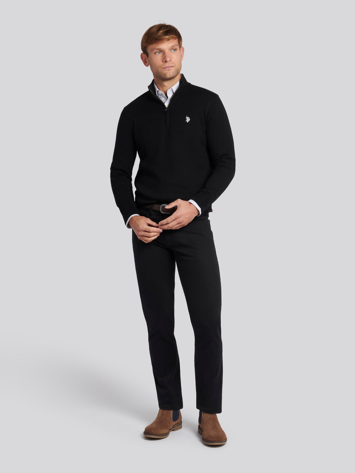 Mens Cotton Funnel Neck 1/4 Zip Knit in Black Bright White DHM