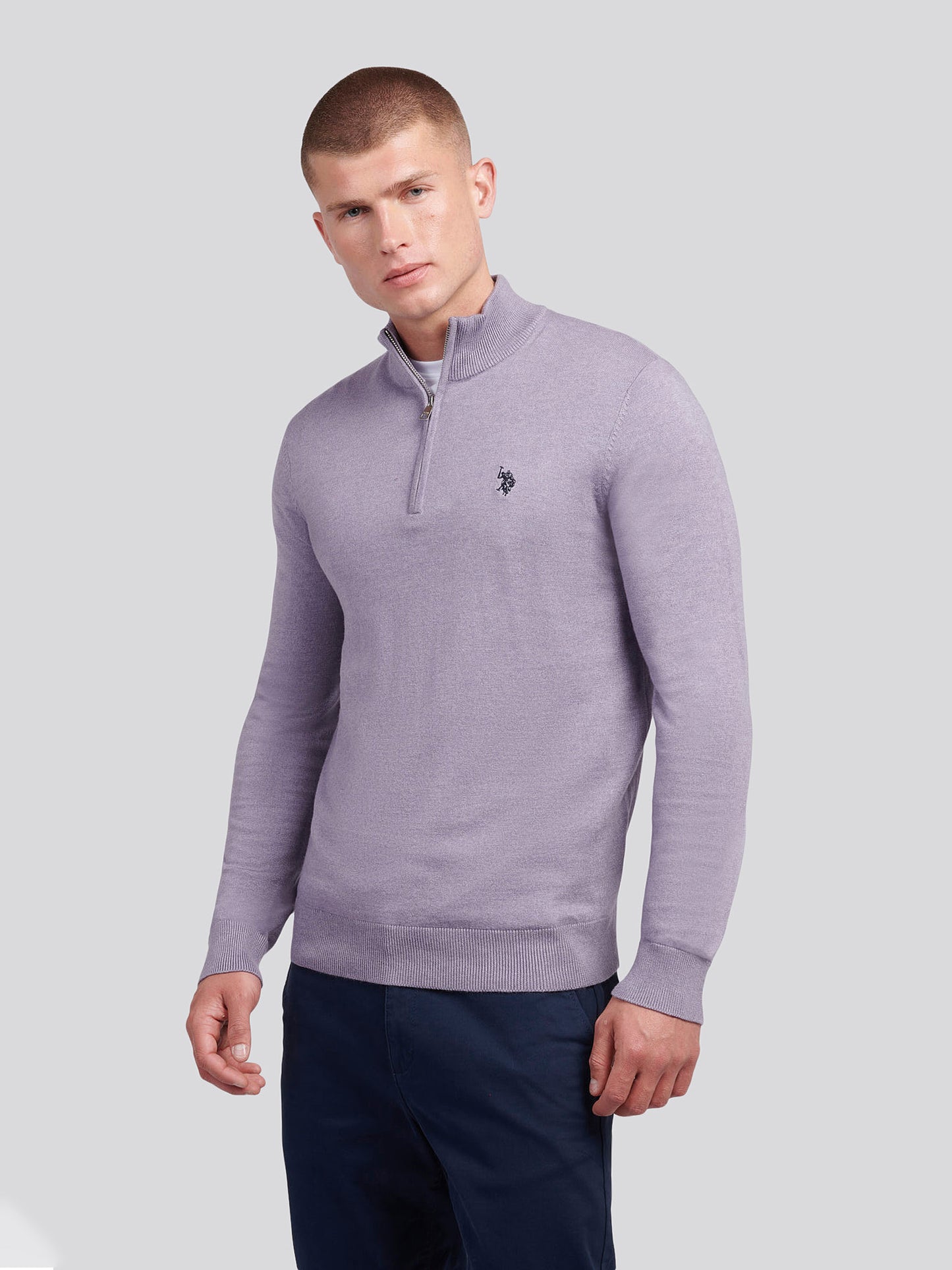 Mens Cotton Funnel Neck 1/4 Zip Knit in Dusk