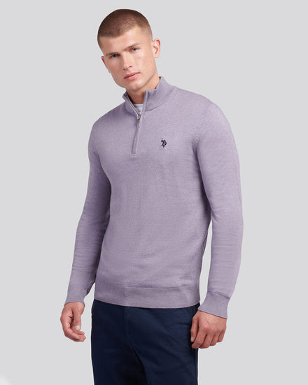 Mens Cotton Funnel Neck 1/4 Zip Knit in Dusk